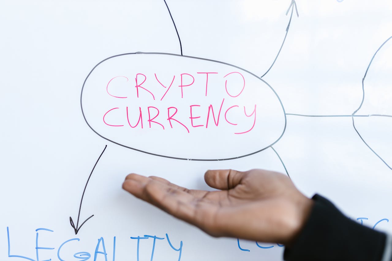 heros-img Close-up of a hand gesturing at a cryptocurrency diagram on a whiteboard, highlighting crypto concepts.